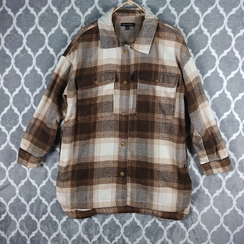 Banana Republic Flannel Jacket Women Size Large Brown Cream Wool Blend Shacket